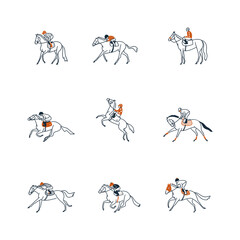 Horse racing set in line art drawing style. Two color sketch isolated on white background. Vector illustration