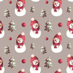 Seamless pattern with Snowman, Christmas ball and tree. Merry Christmas, cozy winter, New Year, home comfort, holidays concept. Perfect for wrapping paper, scrapbooking, textile and product design.  