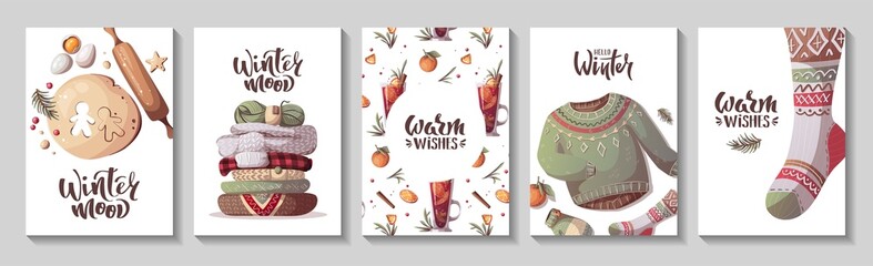 Card set for Merry Christmas and New Year. Mulled wine, knitted clothes, coockies. Cozy winter, home comfort, holidays concept. Vector illustration for poster, banner, card, postcard, cover.