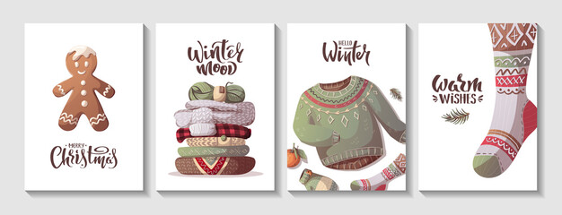 Card set for Merry Christmas and New Year. Coockie man, knitted clothes, snowman. Cozy winter, home comfort, holidays concept. Vector illustration for poster, banner, card, postcard, cover.