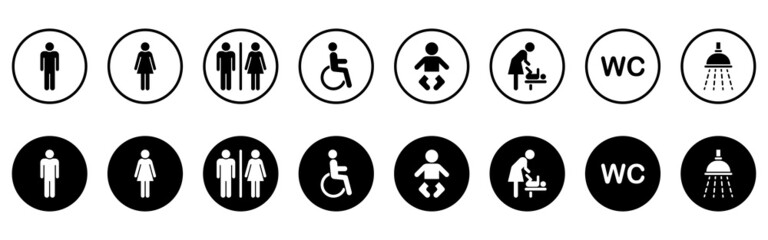 Set of Toilet Silhouette Icon. Mother and Baby Room Icon. WC Sign on Door for Public Toilet. Sign of Washroom for Male, Female, Disabled and Children. Symbols Restroom. Vector Illustration