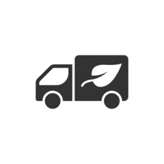 Eco truck icon in flat style. Ecology shipping vector illustration on white isolated background. Van and leaf sign business concept.