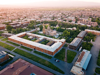 Aerial view of a large famous complex of Etchmiadzin housing an educational seminary and Supreme Catholicos of All Armenians and a monastery in Vagharshapat.