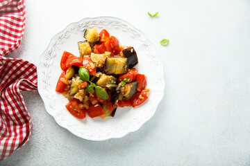 Traditional homemade eggplant ragout with tomatoes