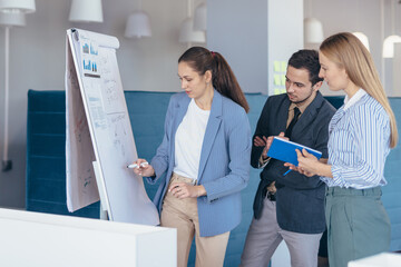Businesswoman presenting the project to the team of co-workers
