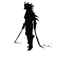 vector drawing of a black silhouette on a white background. a samurai in armor with spikes holds swords in his hands and scratches them on the ground. he has a mask with horns on his head. 2d art