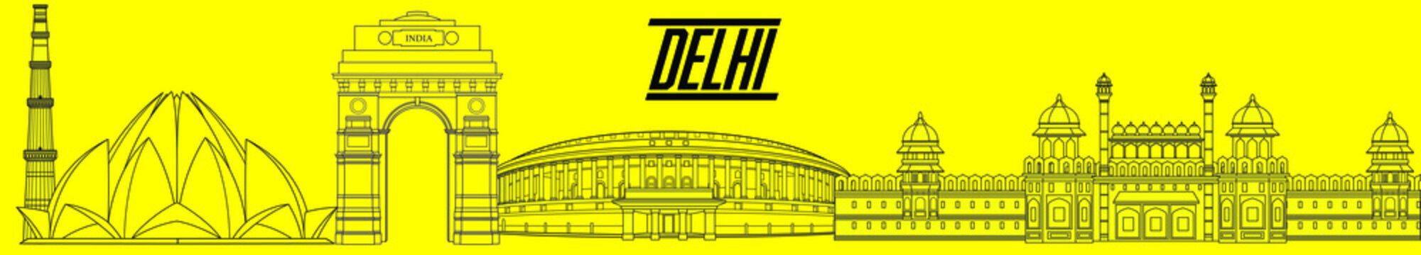 Delhi skyline, New Delhi city, Line Art Vector illustration with all famous buildings, New Delhi buildings set, panoramic view