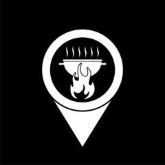 Map pointer with barbecue icon isolated on dark background