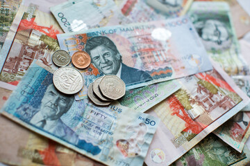Mauritius money Mauritius Rupee (MUR) notes and coins close up