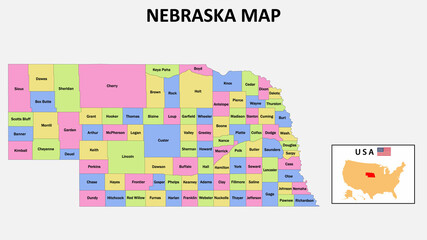Nebraska Map. District map of Nebraska in 2020. District map of Nebraska in color with capital.