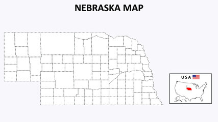 Nebraska Map. State and district map of Nebraska. Political map of Nebraska with outline and black and white design.