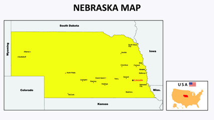 Nebraska Map. State and district map of Nebraska. Political map of Nebraska with the major district