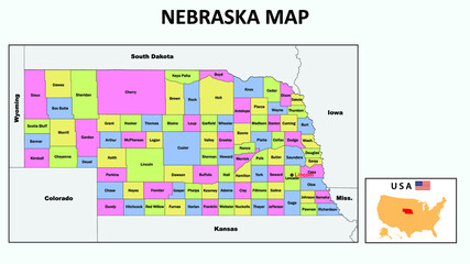 Nebraska Map. State and district map of Nebraska. Political map of Nebraska with neighboring countries and borders.