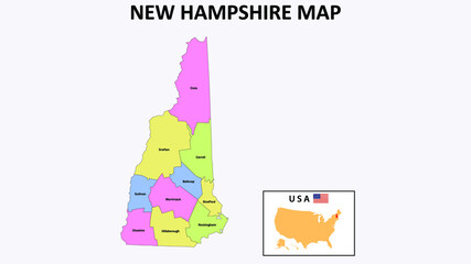 New Hampshire Map. District map of New Hampshire in 2020. District map of New Hampshire in color with capital.