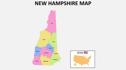 New Hampshire Map. District map of New Hampshire in 2020. District map of New Hampshire in color with capital.