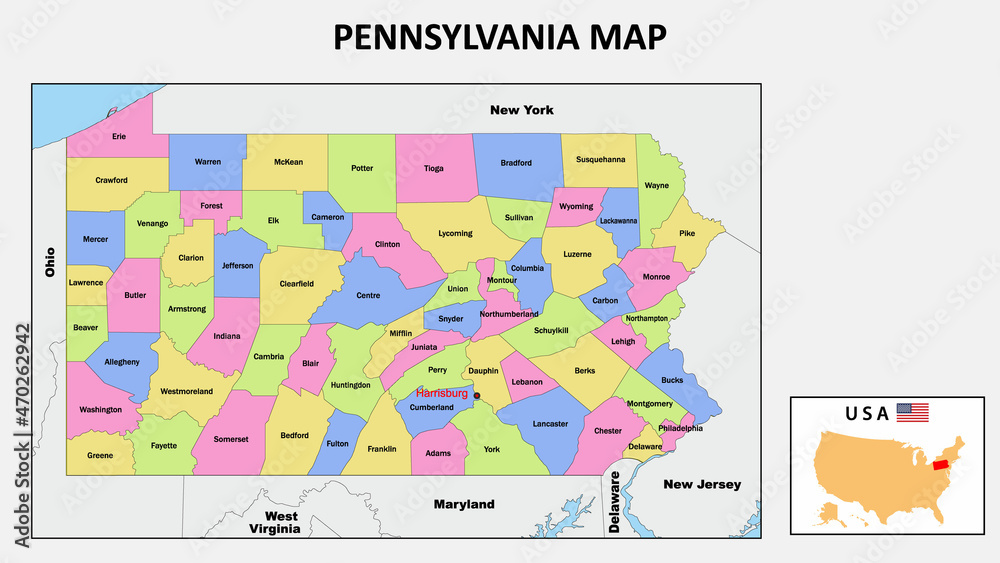 Sticker pennsylvania map. state and district map of pennsylvania. political map of pennsylvania with neighbo