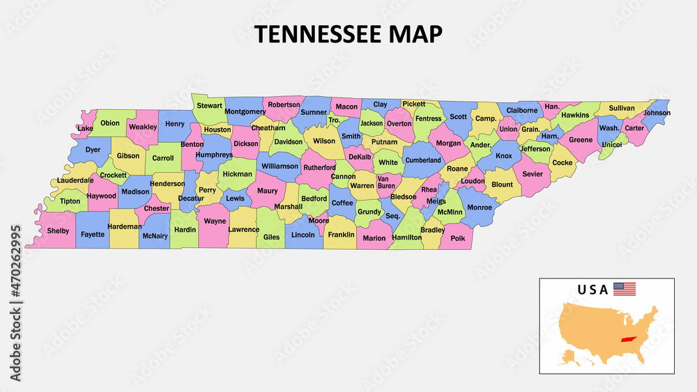 Canvas Prints Tennessee Map. District map of Tennessee in District map of Tennessee in color with capital.