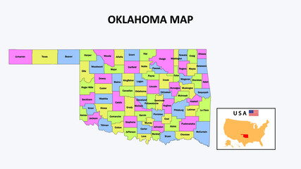 Oklahoma Map. District map of Oklahoma in District map of Oklahoma in color with capital.