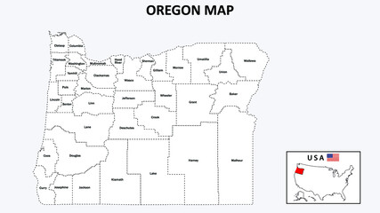 Oregon Map. State and district map of Oregon. Administrative map of Oregon with district and capital in white color.