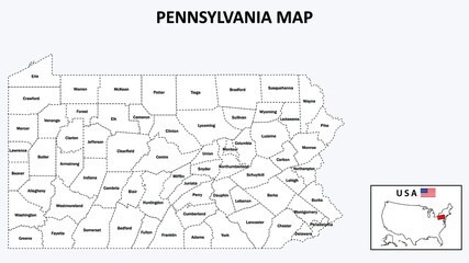 Pennsylvania Map. State and district map of Pennsylvania. Administrative map of Pennsylvania with district and capital in white color.