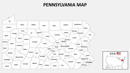 Pennsylvania Map. State and district map of Pennsylvania. Administrative map of Pennsylvania with district and capital in white color.