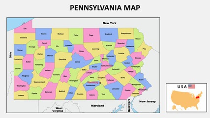 Pennsylvania Map. State and district map of Pennsylvania. Political map of Pennsylvania with...