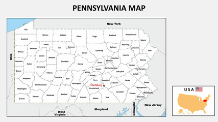 Pennsylvania Map. Political map of Pennsylvania with boundaries in white color.