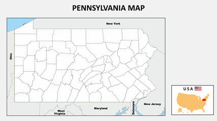 Pennsylvania Map. Political map of Pennsylvania with boundaries in Outline.