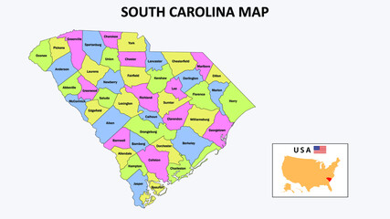 South Carolina Map. District map of South Carolina in District map of South Carolina in color with capital.