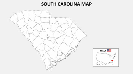 South Carolina Map. State and district map of South Carolina. Political map of South Carolina with outline and black and white design.
