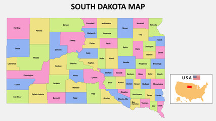 South Dakota Map. District map of South Dakota in District map of South Dakota in color with capital.