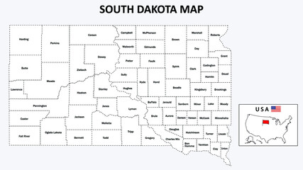 South Dakota Map. Political map of South Dakota with boundaries in white color. - obrazy, fototapety, plakaty