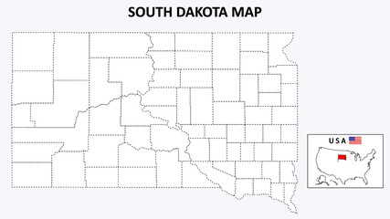 South Dakota Map. State and district map of South Dakota. Political map of South Dakota with outline and black and white design.