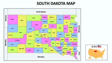 North Dakota Map. State and district map of North Dakota. Political map of North Dakota with neighboring countries and borders.