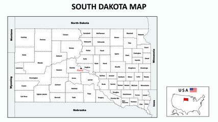 South Dakota Map. Political map of South Dakota with boundaries in white color.