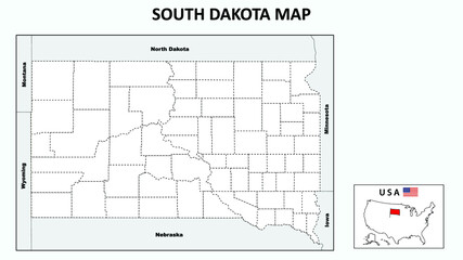 South Dakota Map. Political map of South Dakota with boundaries in Outline.