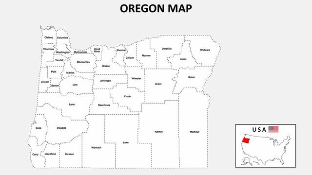 Oregon Map. State and district map of Oregon. Administrative map of Oregon with district and capital in white color.