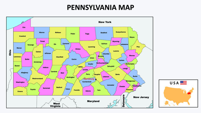 Pennsylvania Map. State and district map of Pennsylvania. Political map of Pennsylvania with neighboring countries and borders.