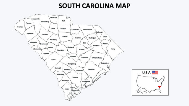 South Carolina Map. State and district map of South Carolina. Administrative map of South Carolina with district and capital in white color.