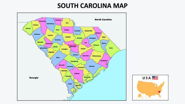 South Carolina Map. State and district map of South Carolina. Political map of South Carolina with neighboring countries and borders.South Carolina Map. State and district map of South Carolina. Polit