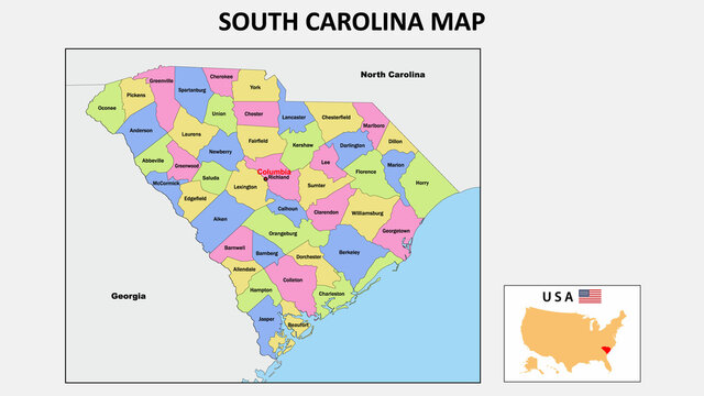 South Carolina Map. State and district map of South Carolina. Political map of South Carolina with neighboring countries and borders.