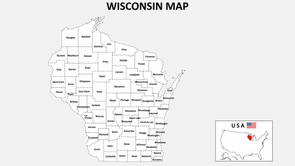 Wisconsin Map. State and district map of Wisconsin. Administrative map of Wisconsin with district and capital in white color.