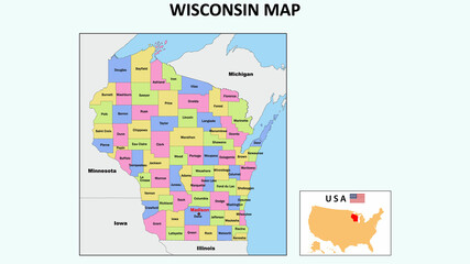 Wisconsin Map. State and district map of Wisconsin. Political map of Wisconsin with neighboring countries and borders.