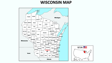Wisconsin Map. Political map of Wisconsin with boundaries in white color.