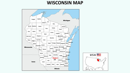 Wisconsin Map. Political map of Wisconsin with boundaries in white color.