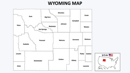 Wyoming Map. State and district map of Wyoming. Administrative map of Wyoming with district and capital in white color.