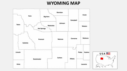 Wyoming Map. State and district map of Wyoming. Administrative map of Wyoming with district and capital in white color.