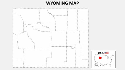 Wyoming Map. State and district map of Wyoming. Political map of Wyoming with outline and black and white design.