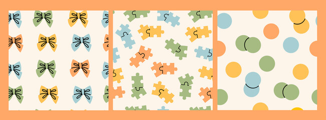 Colorful Bow Ties, jigsaw Puzzles, circles. Set of three Square seamless Patterns. Endless texture. Hand drawn modern Vector illustrations. Cartoon style. Colored backgrounds. Pastel colors