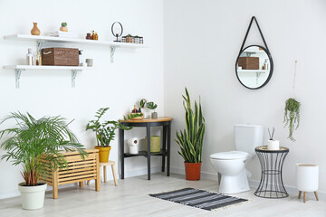 Interior of light modern restroom with toilet bowl and houseplants